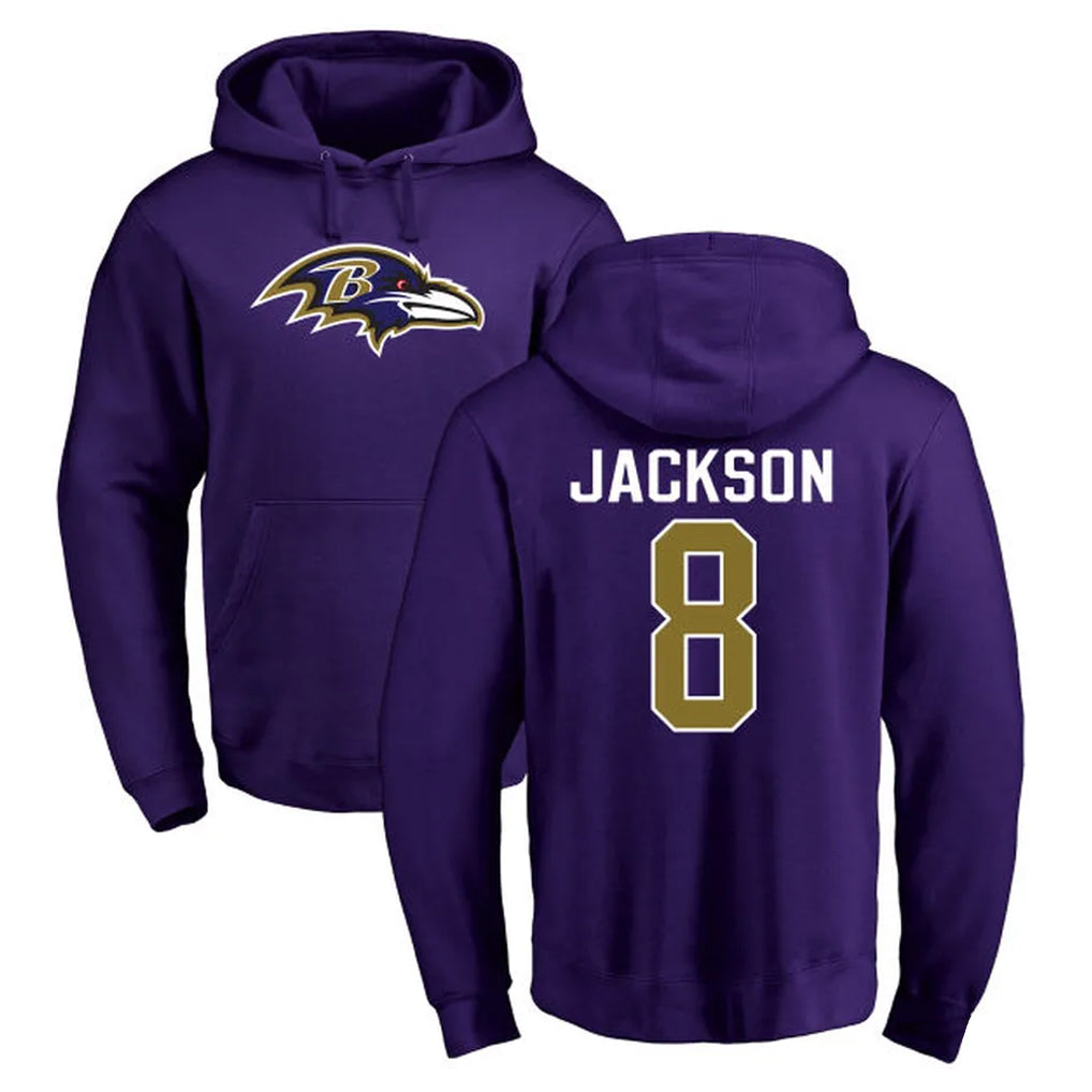 Elroe B.Ravens #8 Lamar Jackson Player Purple Salute to Service Pullover Hoodie Stitched Jerseys