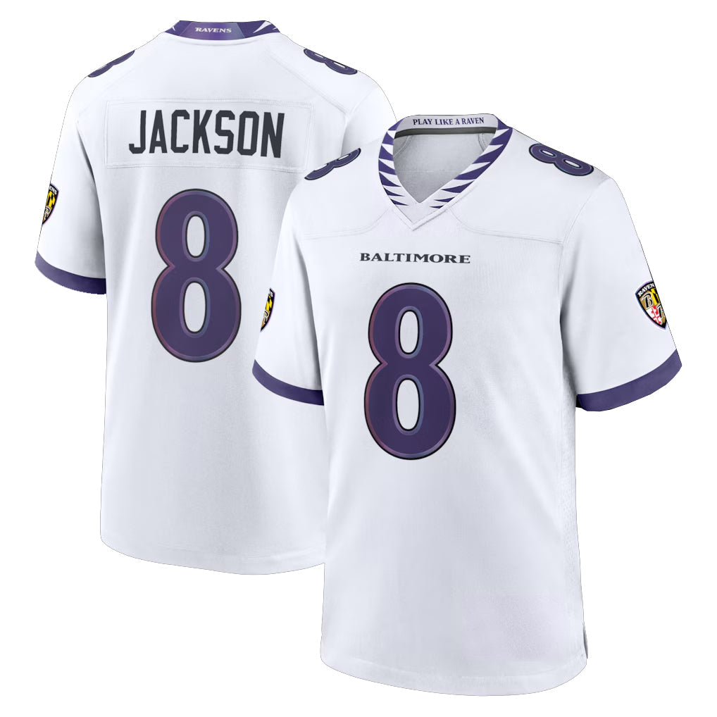 Elroe B.Ravens #8 Lamar Jackson Player White Home Game Stitched Jerseys