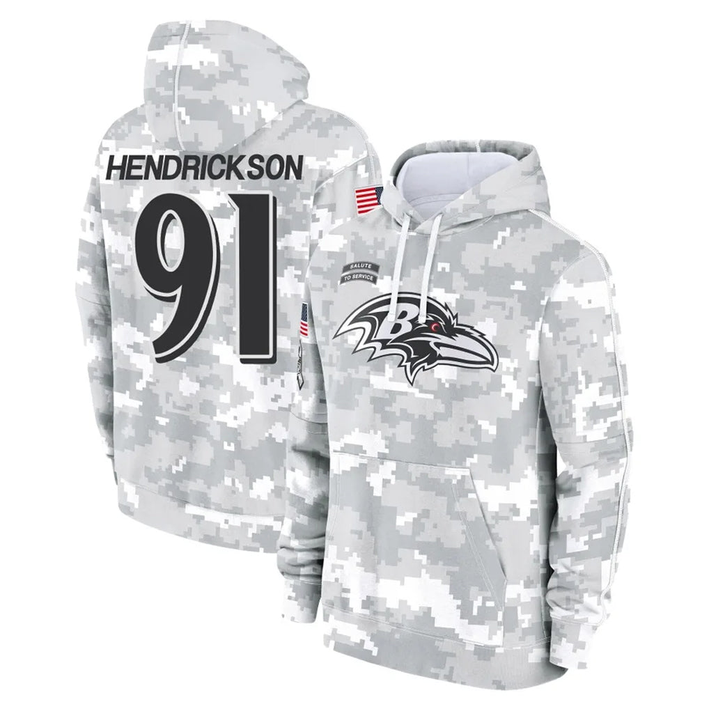 Elroe B.Ravens #91 Trey Hendrickson Player Arctic Camo Salute To Service Hoodie Stitched Jerseys