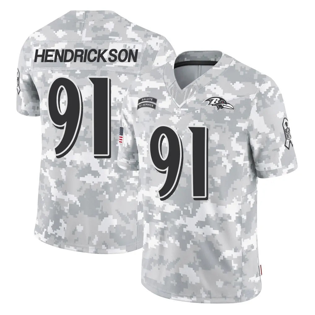 Elroe B.Ravens #91 Trey Hendrickson Player Arctic Camo Salute to Service Limited Stitched Jerseys