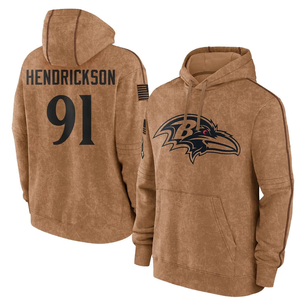 Elroe B.Ravens #91 Trey Hendrickson Player Brown Salute to Service Pullover Hoodie Stitched Jerseys