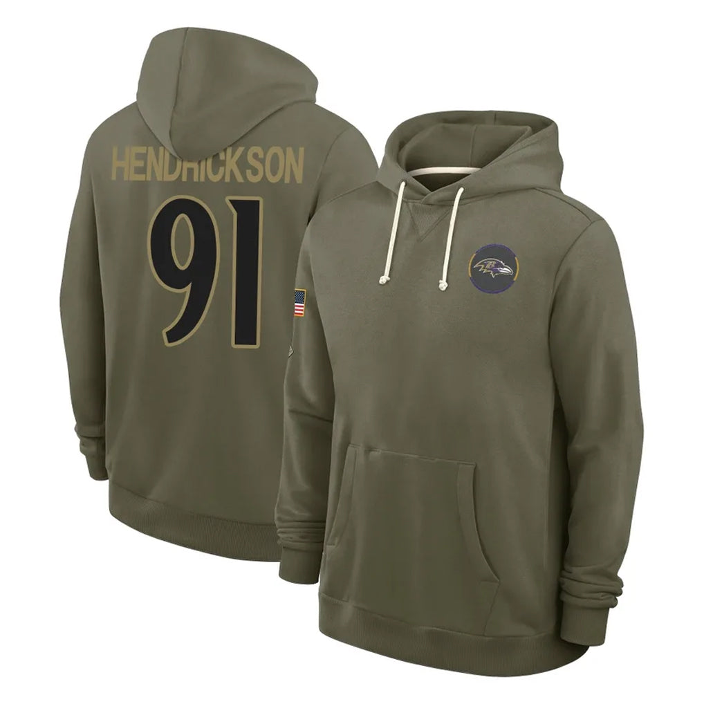 Elroe B.Ravens #91 Trey Hendrickson Player Olive Salute to Service Hoodie Stitched Jerseys