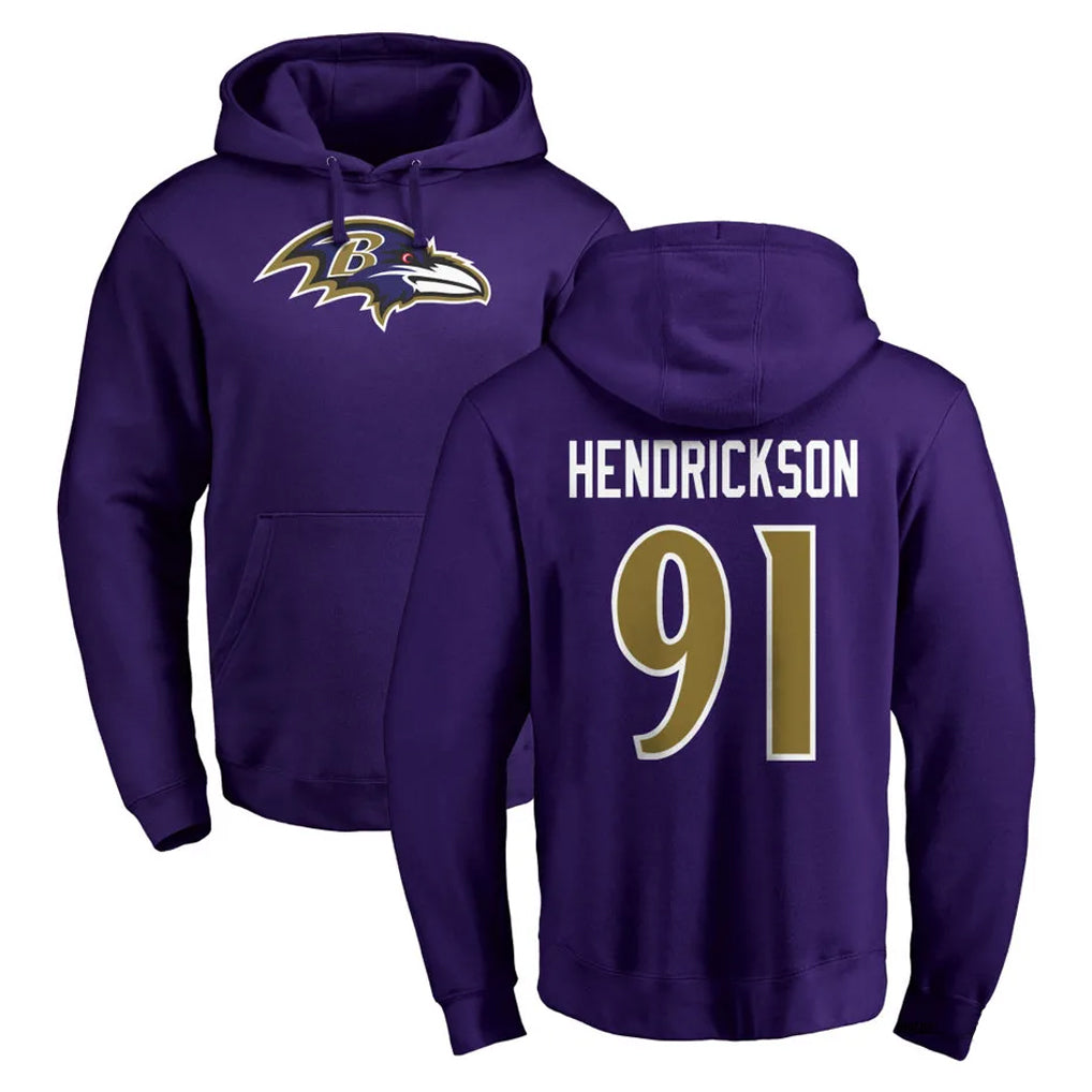 Elroe B.Ravens #91 Trey Hendrickson Player Purple Salute to Service Pullover Hoodie Stitched Jerseys