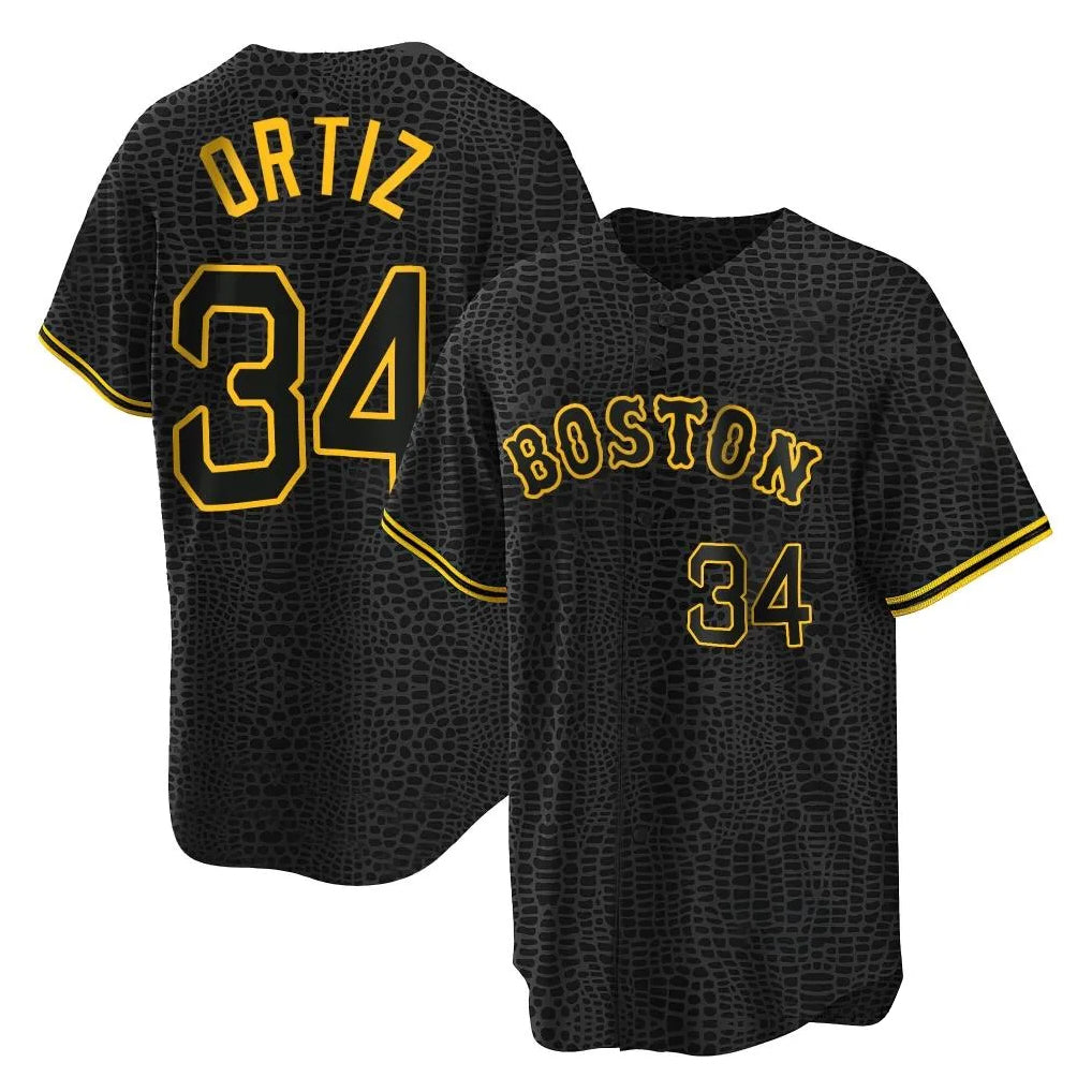 Elroe B.Red Sox #34 David Ortiz Player Black Snake Skin City Home Game Stitched Jerseys