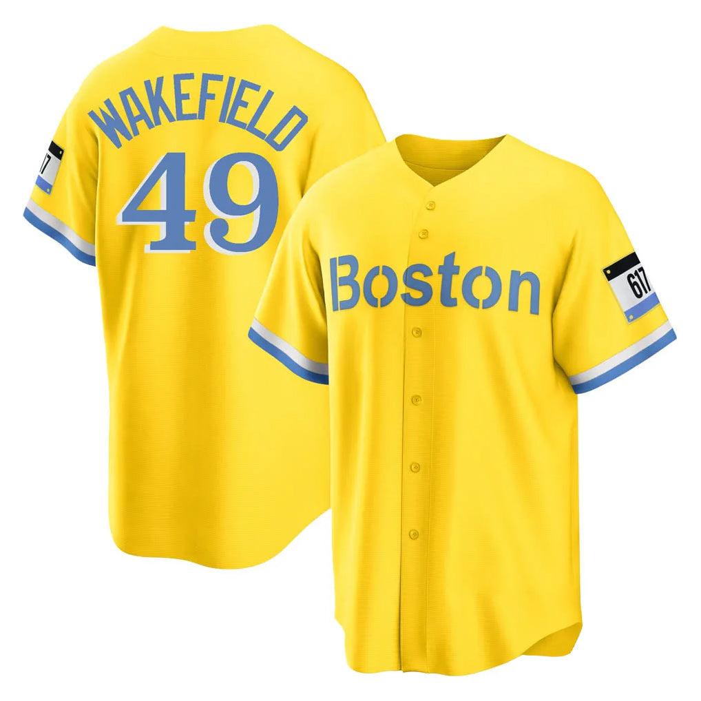Elroe B.Red Sox #49 Tim Wakefield Player Yellow Home Game Stitched Jerseys