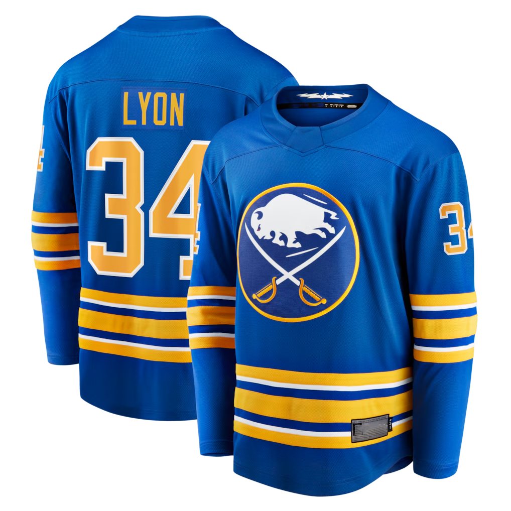 Elroe B.Sabres #34 Alex Lyon Royal Home Breakaway Stitched Jerseys