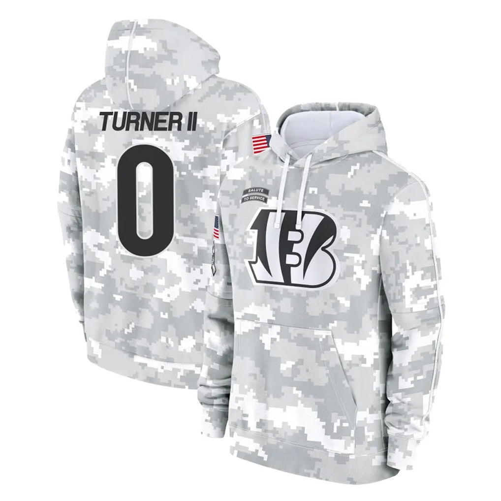 Elroe C.Bengals #0 DJ Turner II Player Arctic Camo Salute to Service Pullover Hoodie Limited Stitched Jerseys