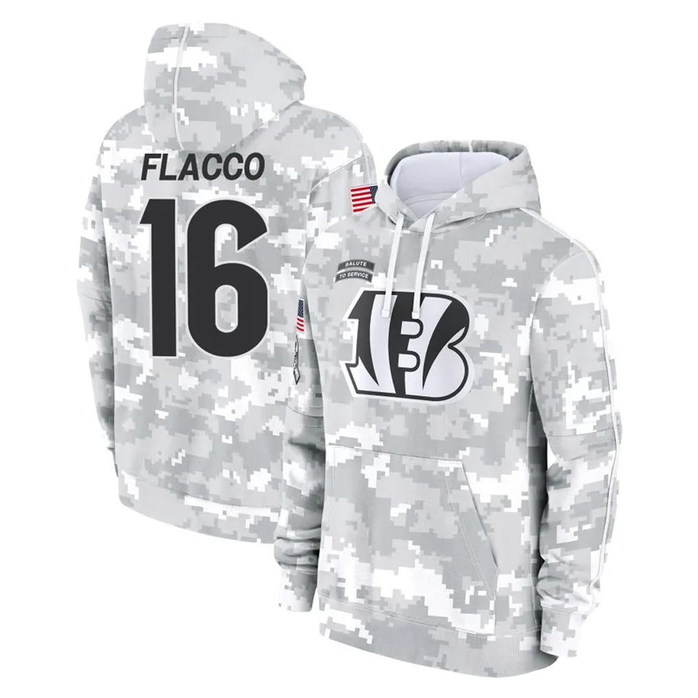 Elroe C.Bengals #16 Joe Flacco Player Arctic Camo Salute to Service Pullover Hoodie Limited Stitched Jerseys