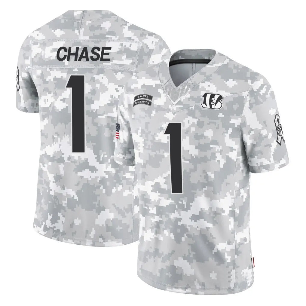 Elroe C.Bengals #1 Ja'Marr Chase Player Arctic Camo Salute to Service Limited Stitched Jerseys