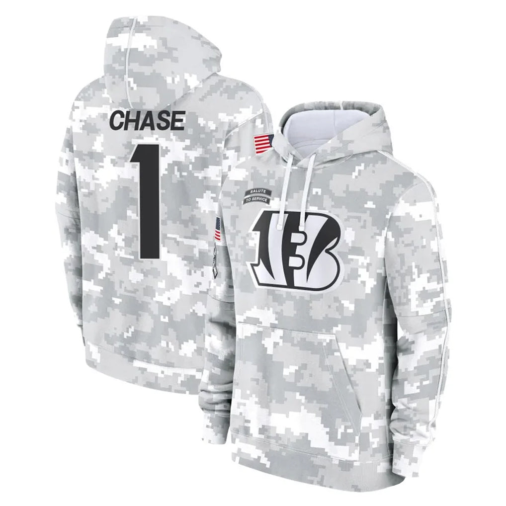 Elroe C.Bengals #1 Ja'Marr Chase Player Arctic Camo Salute to Service Pullover Hoodie Limited Stitched Jerseys