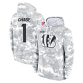 Elroe C.Bengals #1 Ja'Marr Chase Player Arctic Camo Salute to Service Pullover Hoodie Limited Stitched Jerseys