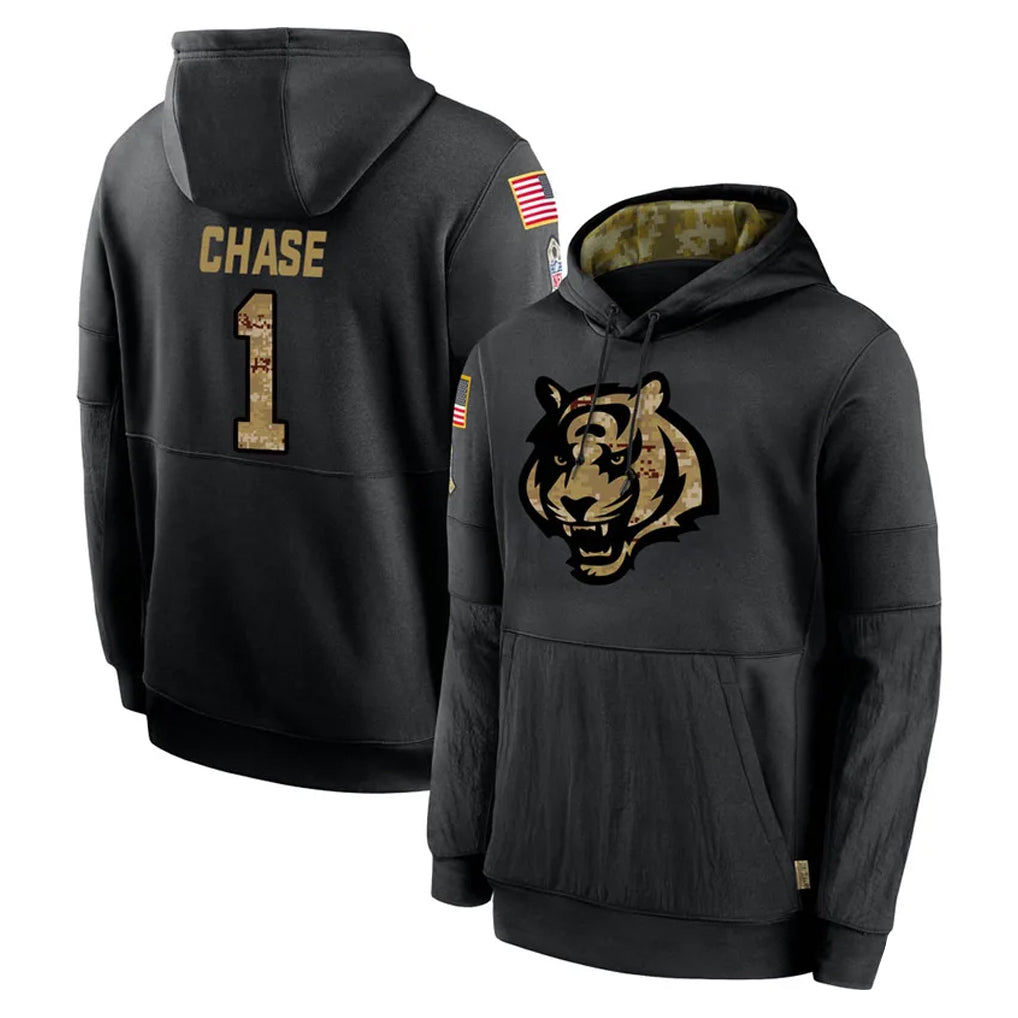 Elroe C.Bengals #1 Ja'Marr Chase Player Black Salute to Service Pullover Hoodies Limited Stitched Jerseys