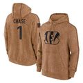 Elroe C.Bengals #1 Ja'Marr Chase Player Brown Salute to Service Pullover Hoodie Limited Stitched Jerseys