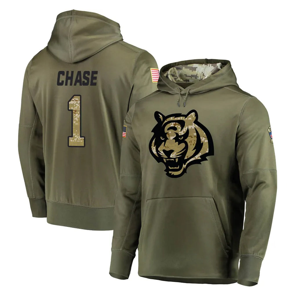 Elroe C.Bengals #1 Ja'Marr Chase Player Olive Salute to Service Pullover Hoodies Home Game Stitched Jerseys