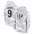 Elroe C.Bengals #9 Joe Burrow Player Arctic Camo Salute to Service Pullover Hoodie Stitched Jerseys
