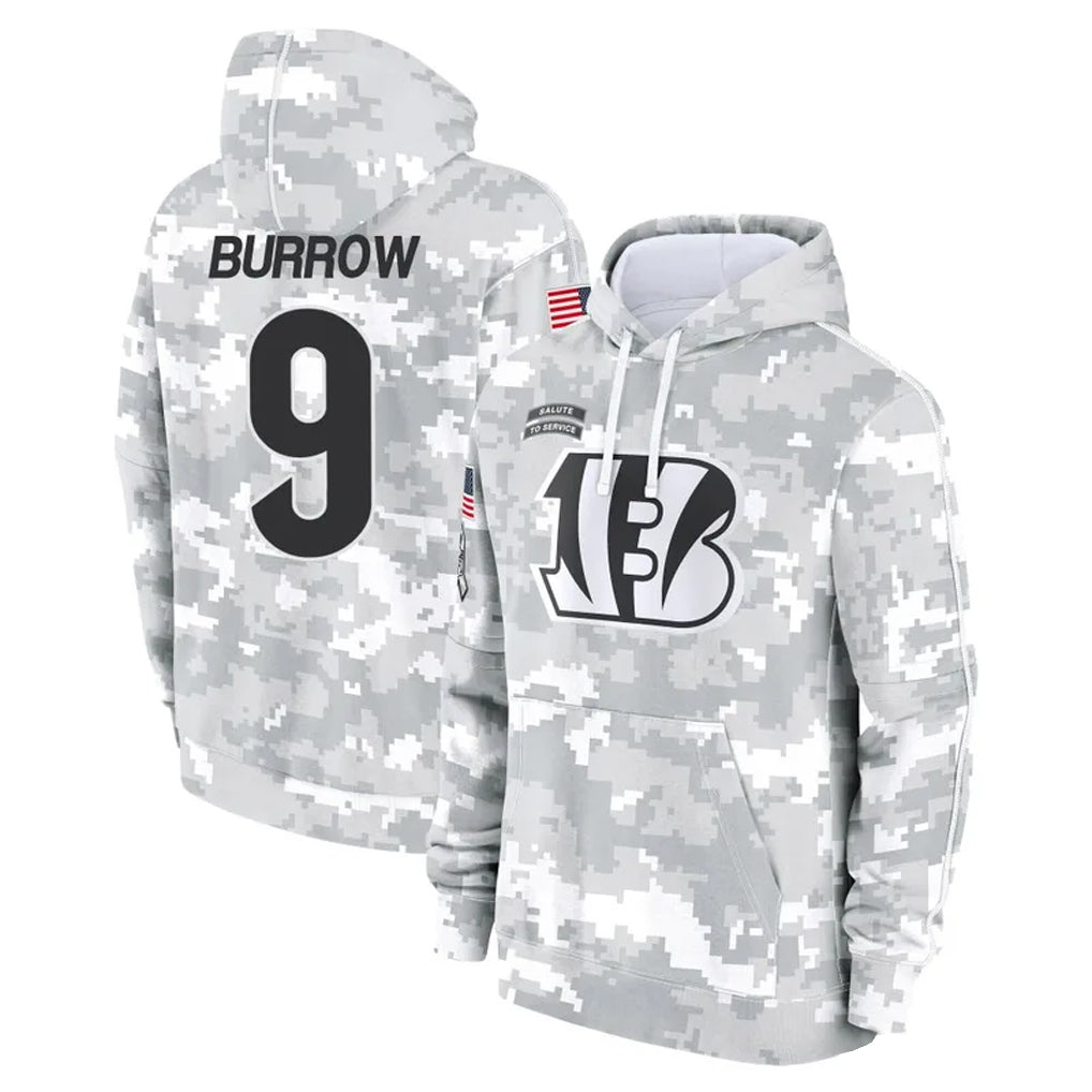 Elroe C.Bengals #9 Joe Burrow Player Arctic Camo Salute to Service Pullover Hoodie Stitched Jerseys