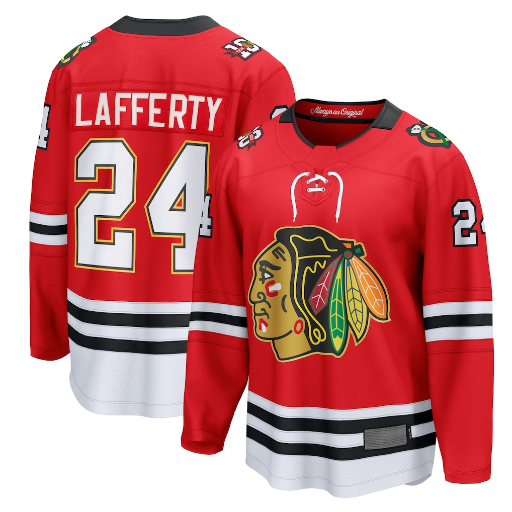 Elroe C.Blackhawks #24 Sam Lafferty Red Centennial Breakaway Player Jerseys