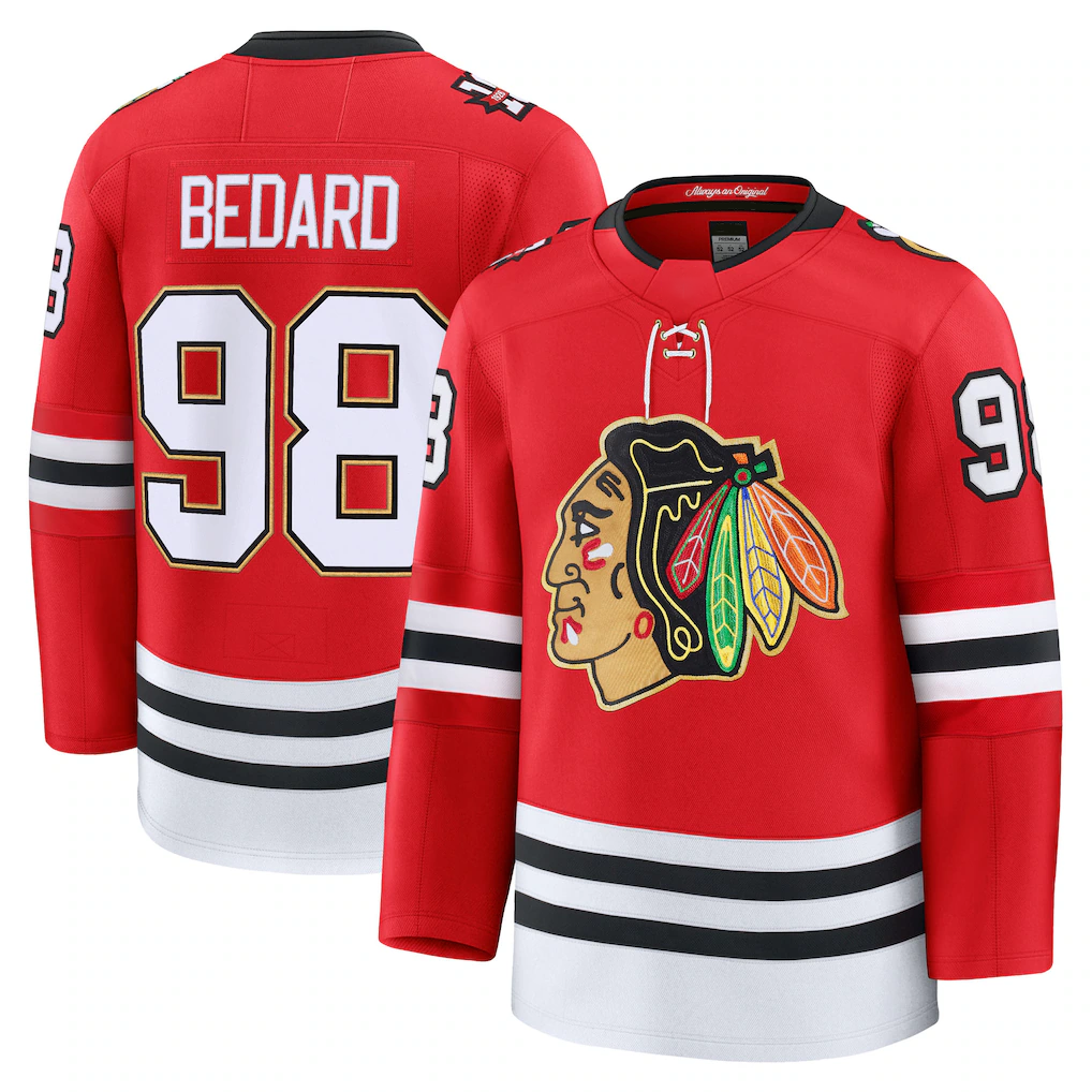Elroe C.Blackhawks #98 Connor Bedard Red Centennial Premium Player Jerseys