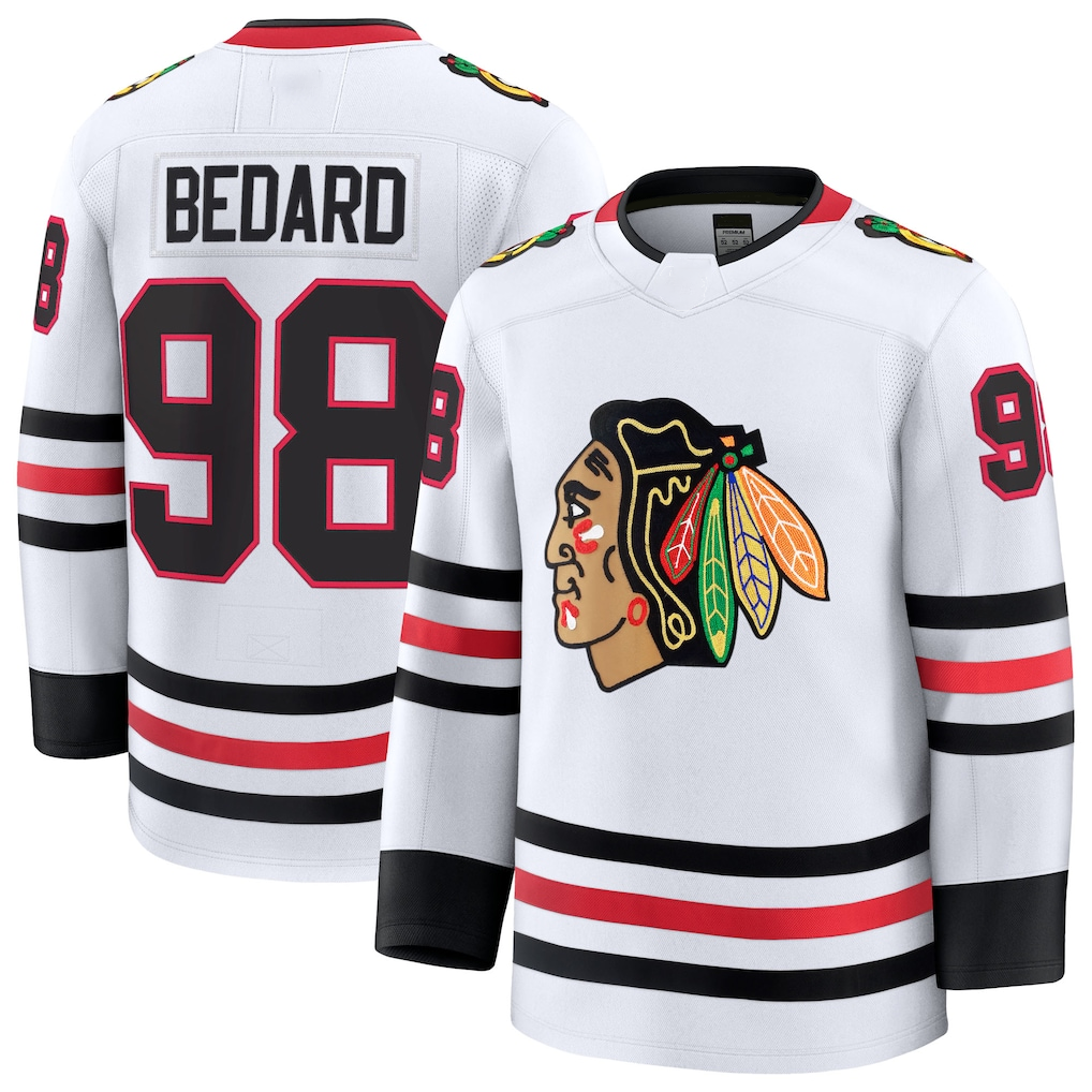 Elroe C.Blackhawks #98 Connor Bedard White Away Premium Jerseys