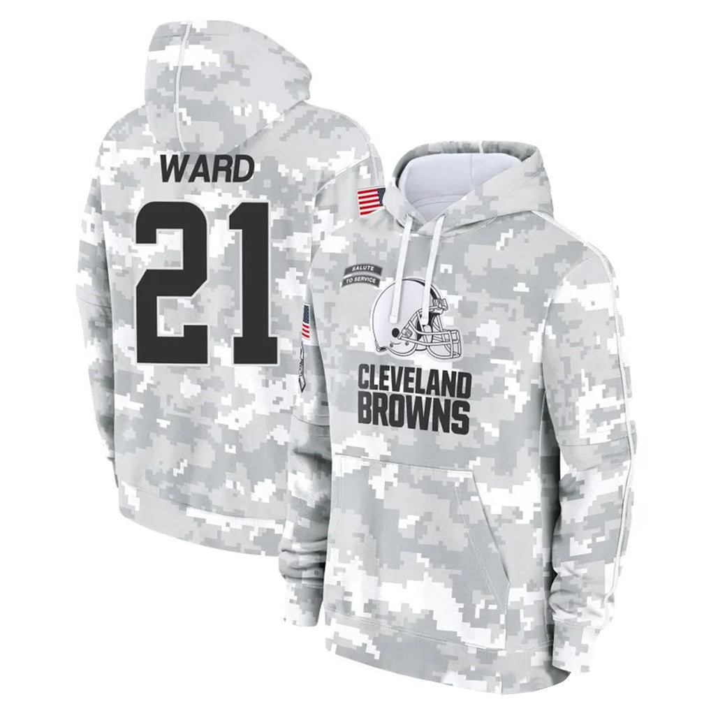 Elroe C.Browns #21 Denzel Ward Player Arctic Camo Salute to Service Hoodies Limited Game Stitched Jerseys