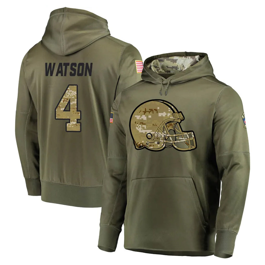 Elroe C.Browns #4 Deshaun Watson Player Olive Salute to Service Pullover Hoodies Home Game Stitched Jerseys