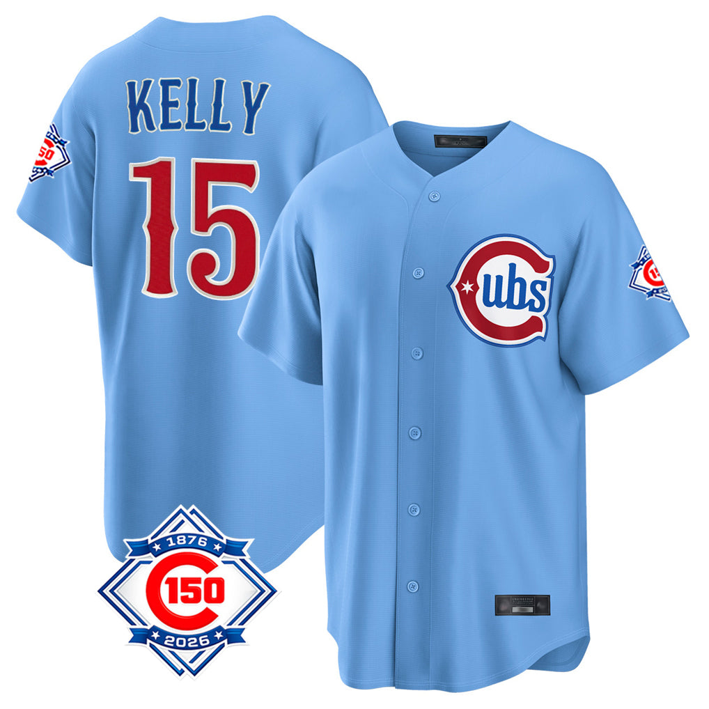 Elroe C.Cubs #15 Carson Kelly Player Light Blue 150th Anniversary Home Game Stitched Jerseys