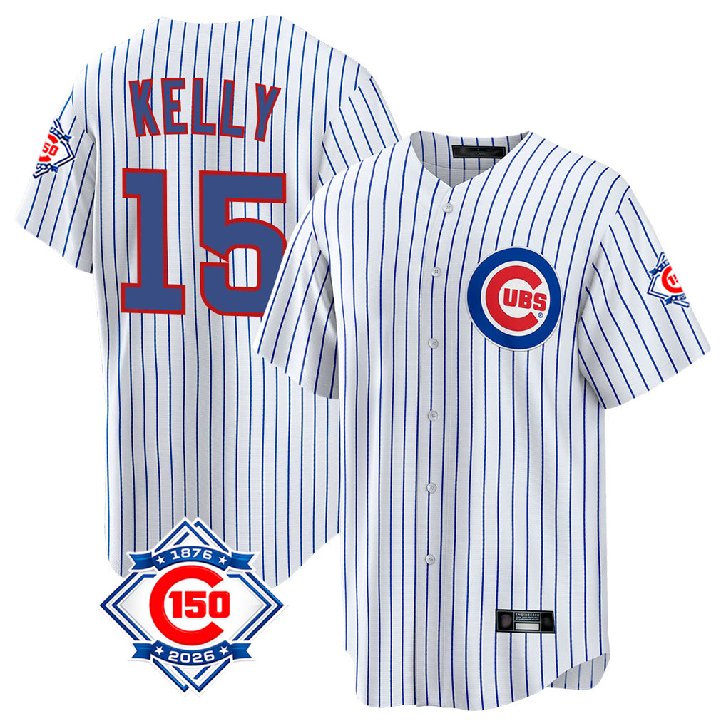 Elroe C.Cubs #15 Carson Kelly Player White 150th Anniversary Home Game Stitched Jerseys