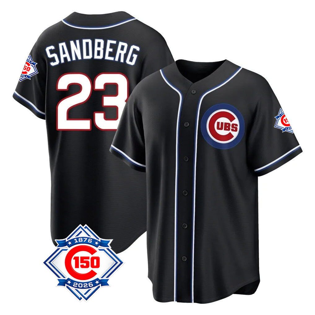 Elroe C.Cubs #23 Ryne Sandberg Player Black Fashion Out 150th Anniversary Game Stitched Jerseys