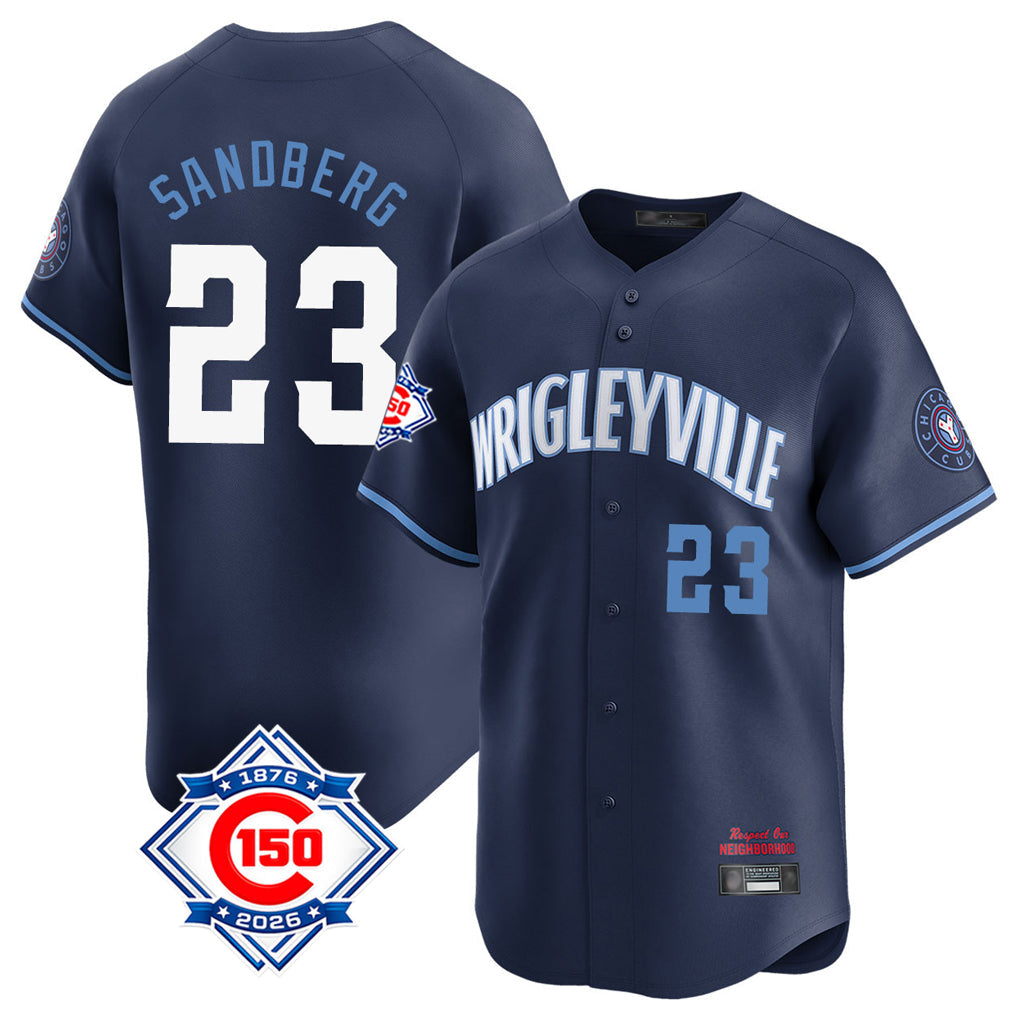 Elroe C.Cubs #23 Ryne Sandberg Player Navy City Connect 150th Anniversary Limited Home Stitched Jerseys