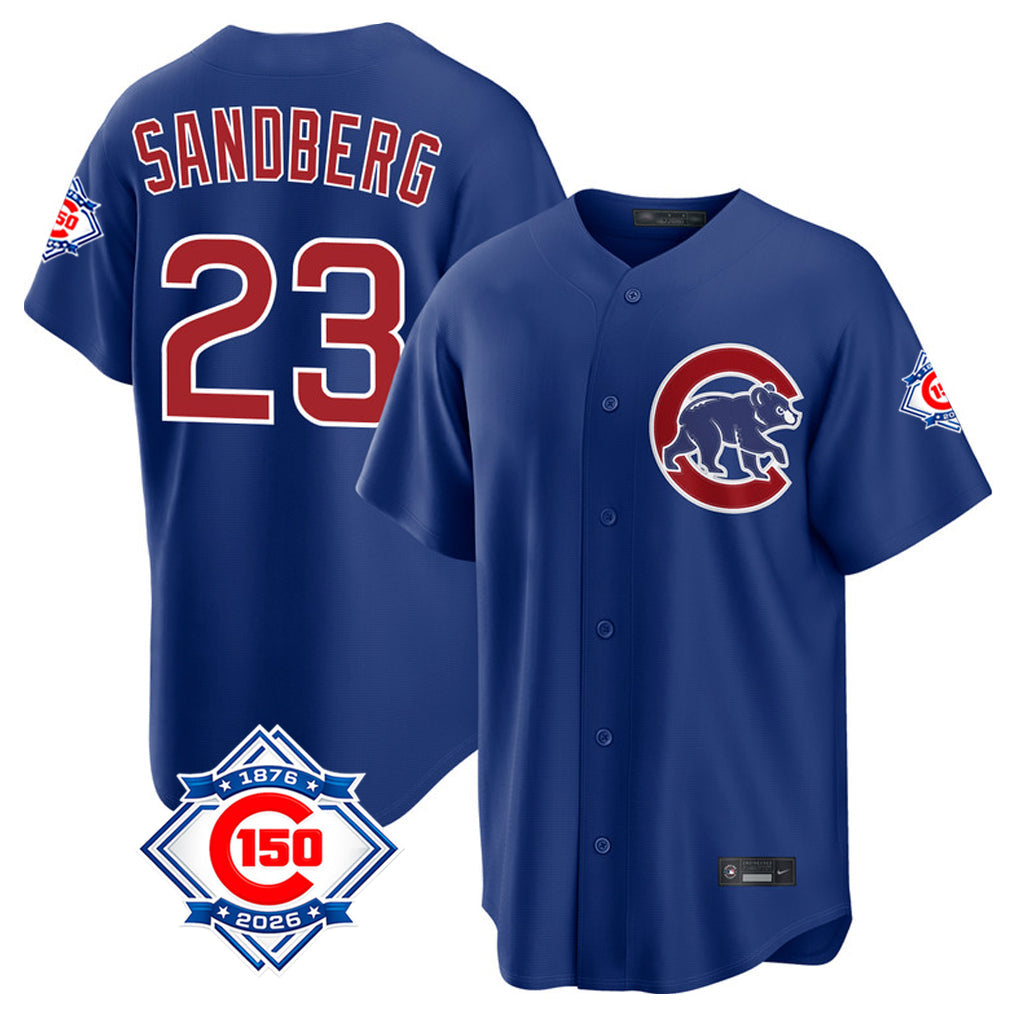 Elroe C.Cubs #23 Ryne Sandberg Player Royal 150th Anniversary Home Game Stitched Jerseys