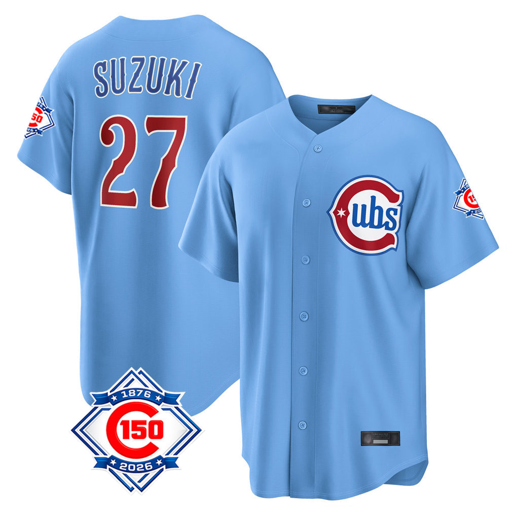 Elroe C.Cubs #27 Seiya Suzuki Player Light Blue 150th Anniversary Home Game Stitched Jerseys