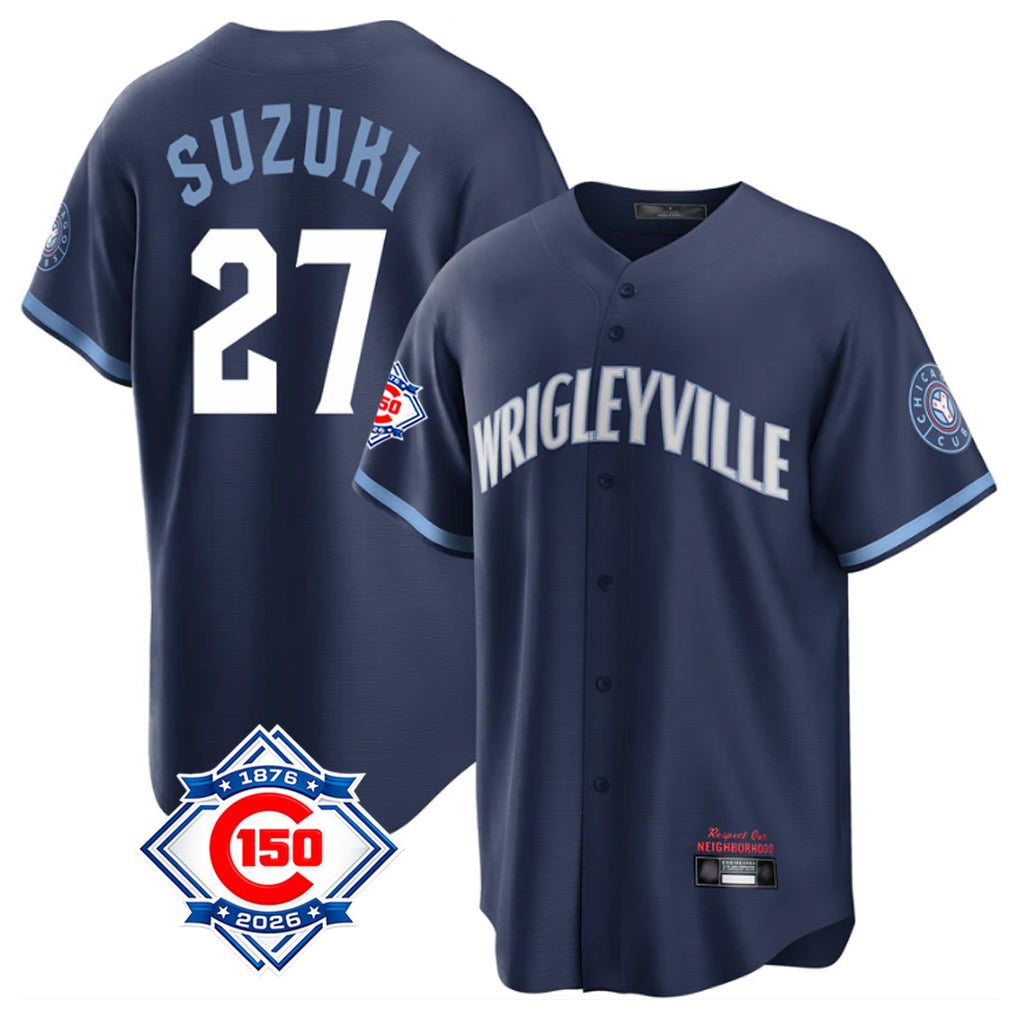 Elroe C.Cubs #27 Seiya Suzuki Player Navy 150th Anniversary City Connect Home Game Stitched Jerseys
