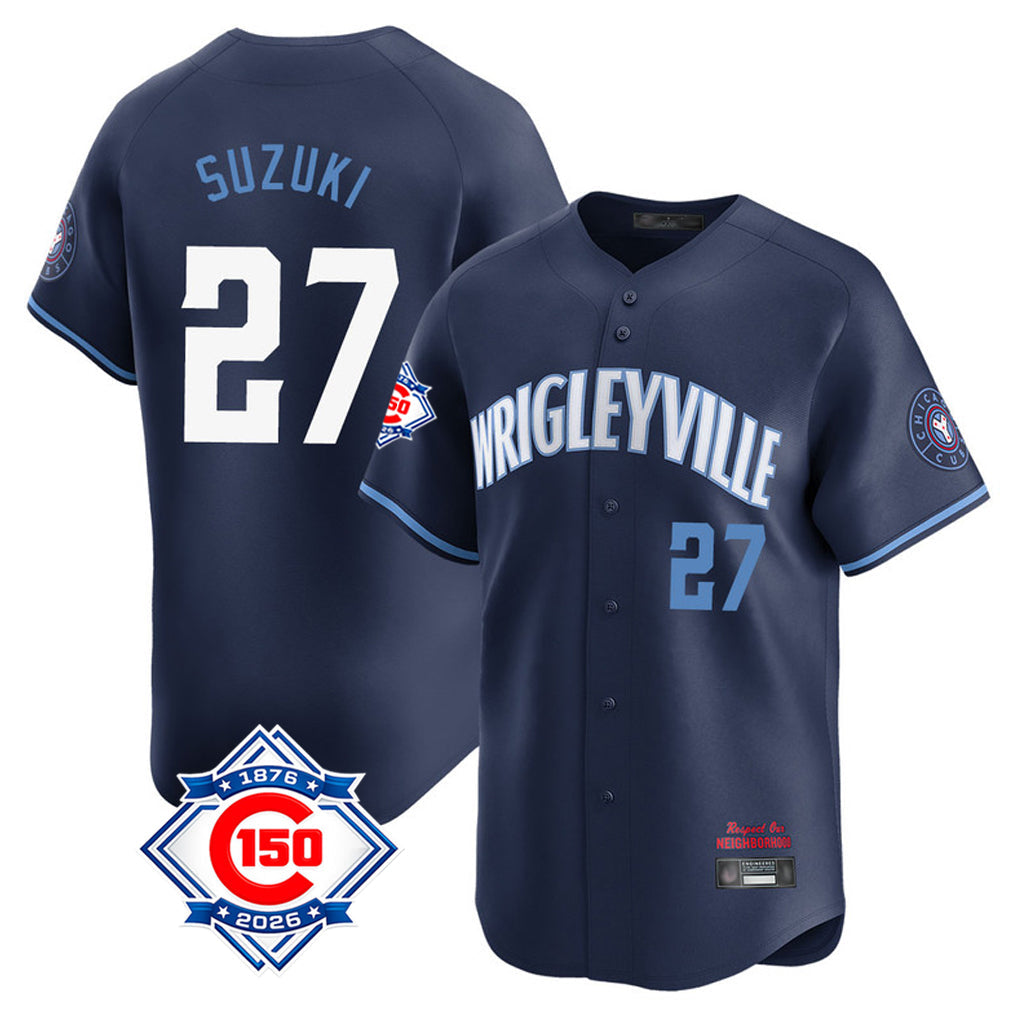 Elroe C.Cubs #27 Seiya Suzuki Player Navy City Connect 150th Anniversary Limited Home Stitched Jerseys
