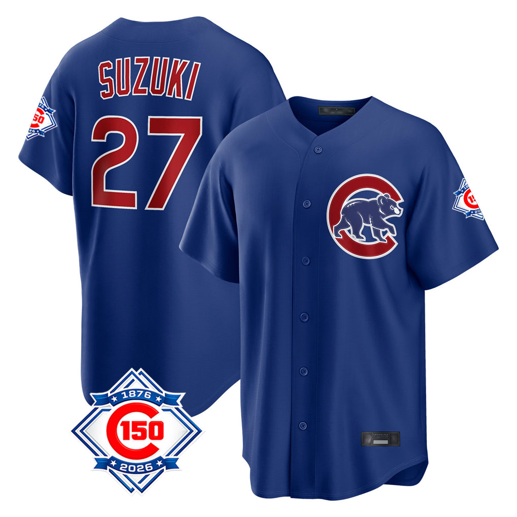 Elroe C.Cubs #27 Seiya Suzuki Player Royal 150th Anniversary Home Game Stitched Jerseys