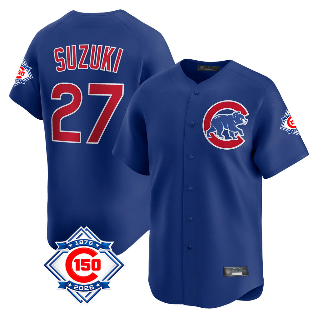 Elroe C.Cubs #27 Seiya Suzuki Player Royal 150th Anniversary Limited Home Stitched Jerseys