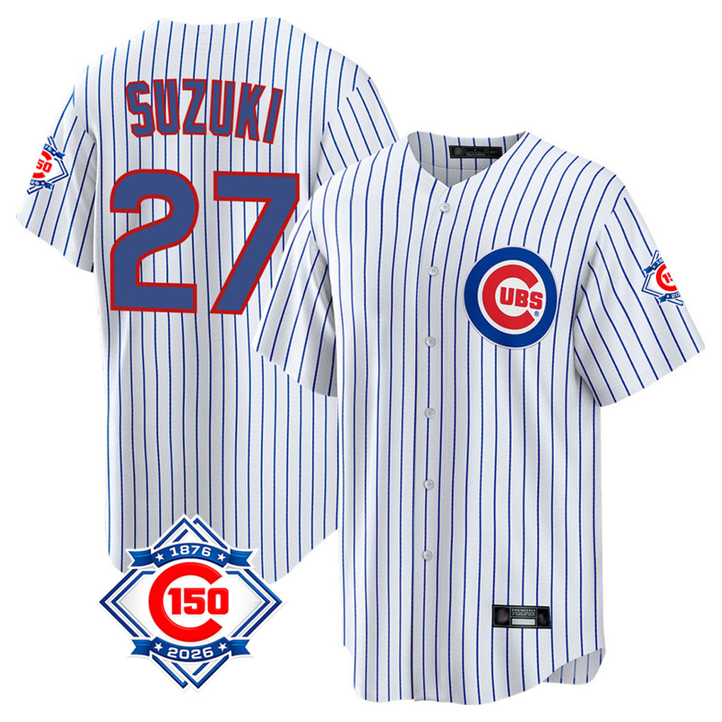 Elroe C.Cubs #27 Seiya Suzuki Player White 150th Anniversary Home Game Stitched Jerseys