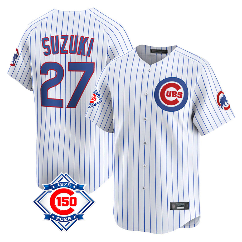 Elroe C.Cubs #27 Seiya Suzuki Player White 150th Anniversary Limited Home Game Stitched Jerseys