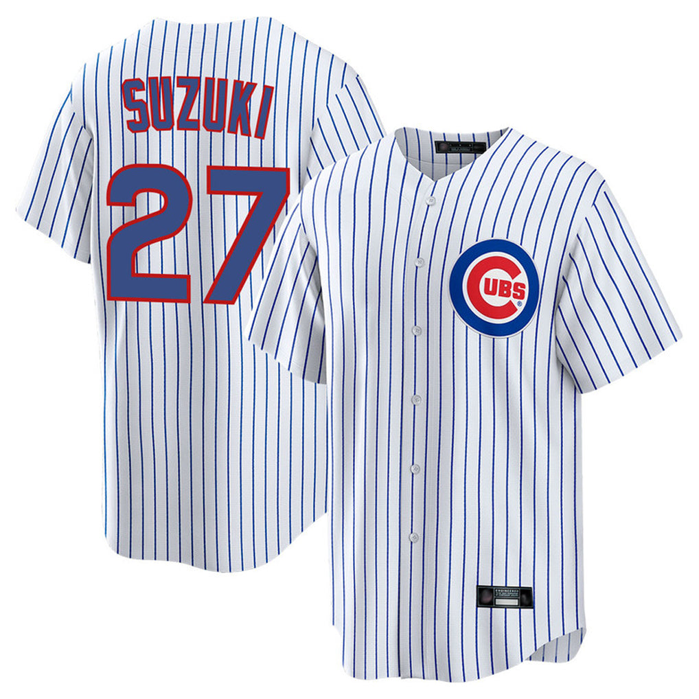 Elroe C.Cubs #27 Seiya Suzuki Player White Game Home Stitched Jerseys