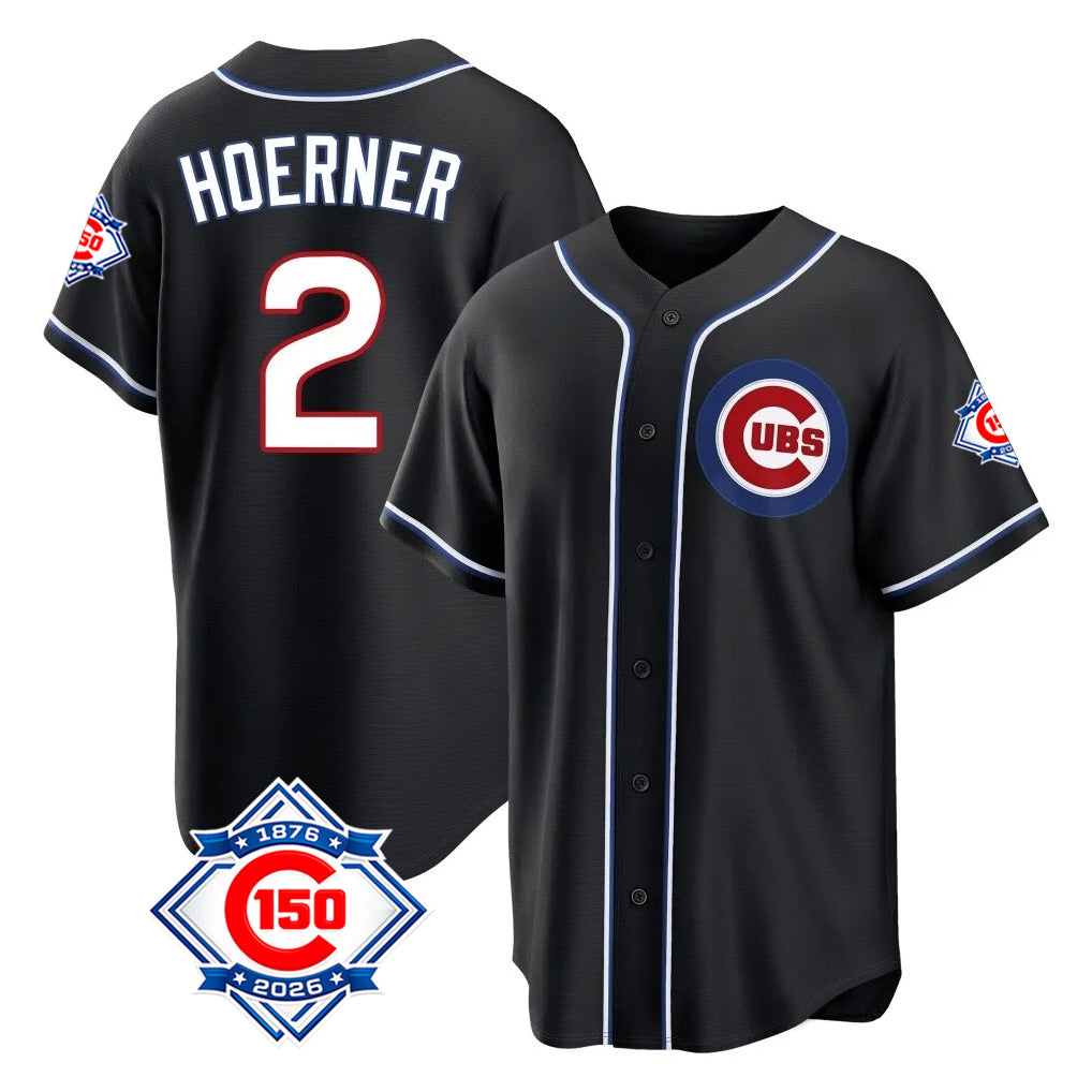 Elroe C.Cubs #2 Nico Hoerner Player Black Fashion Out 150th Anniversary Game Stitched Jerseys