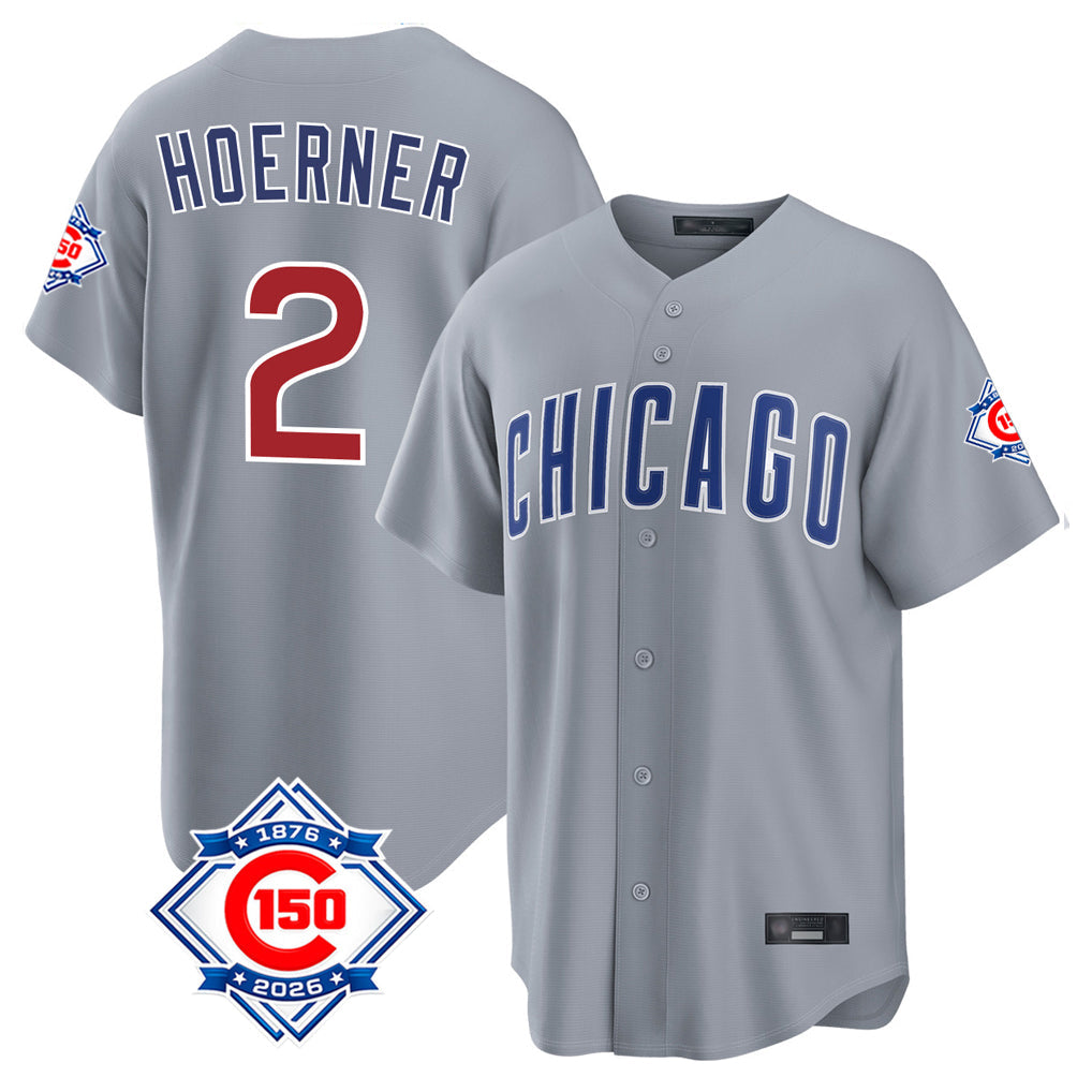Elroe C.Cubs #2 Nico Hoerner Player Gray 150th Anniversary Home Game Stitched Jerseys