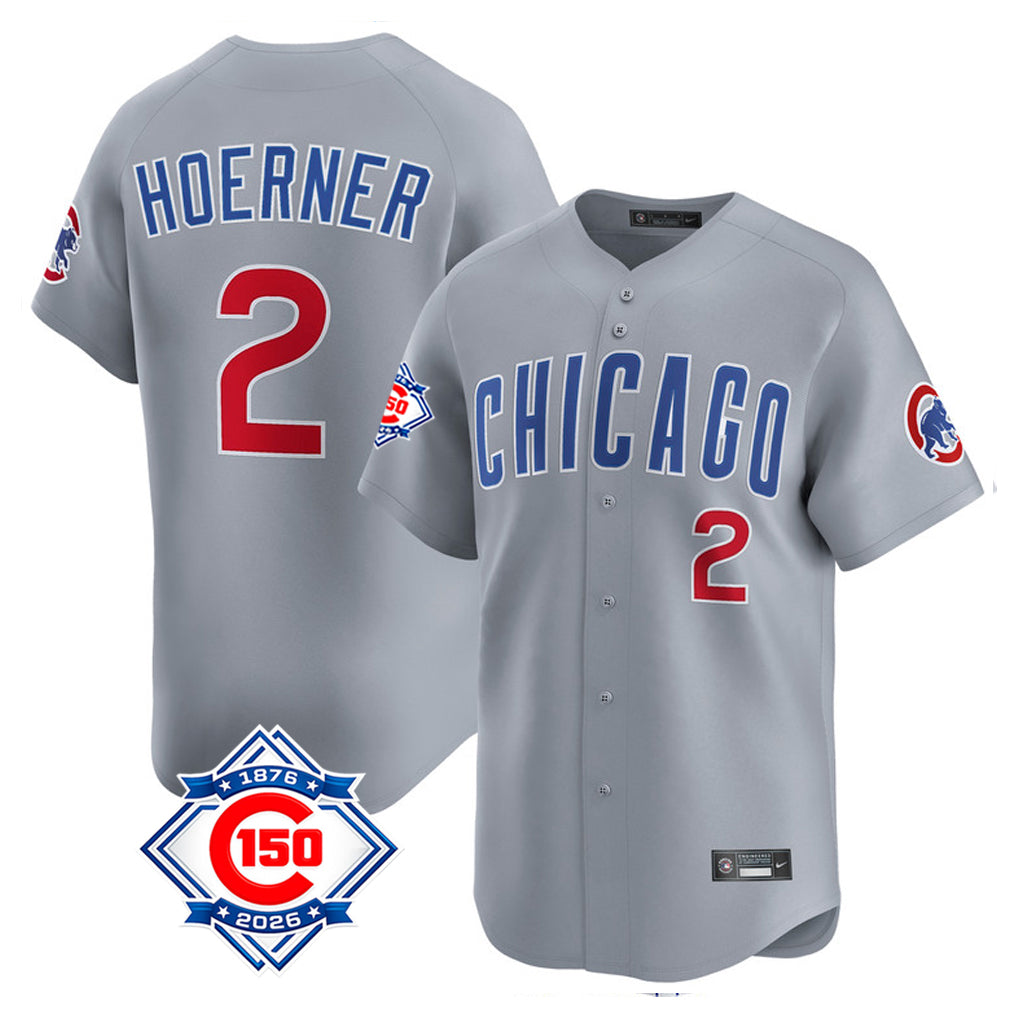 Elroe C.Cubs #2 Nico Hoerner Player Gray Road 150th Anniversary Limited Home Stitched Jerseys