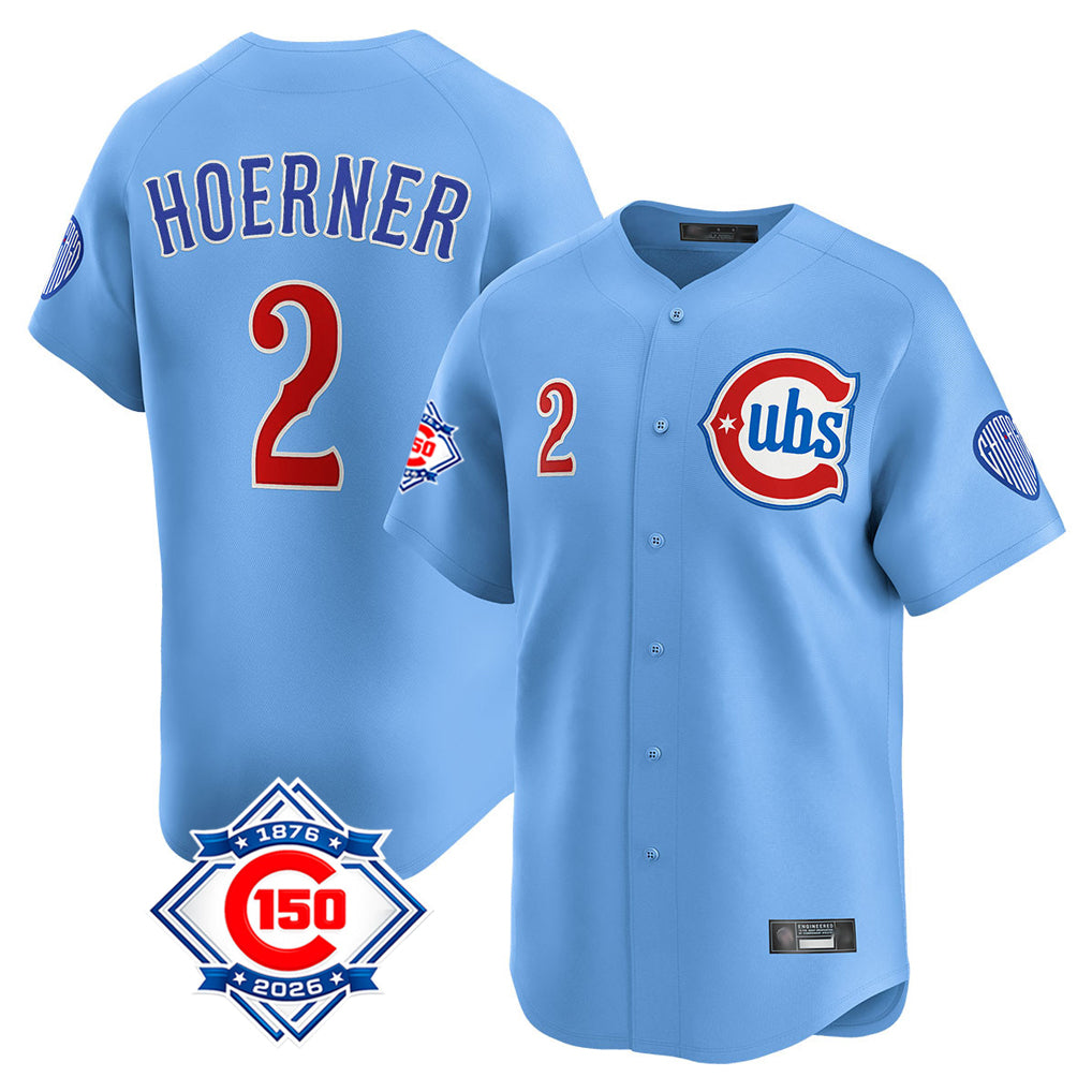 Elroe C.Cubs #2 Nico Hoerner Player Light Blue 150th Anniversary Limited Home Stitched Jerseys