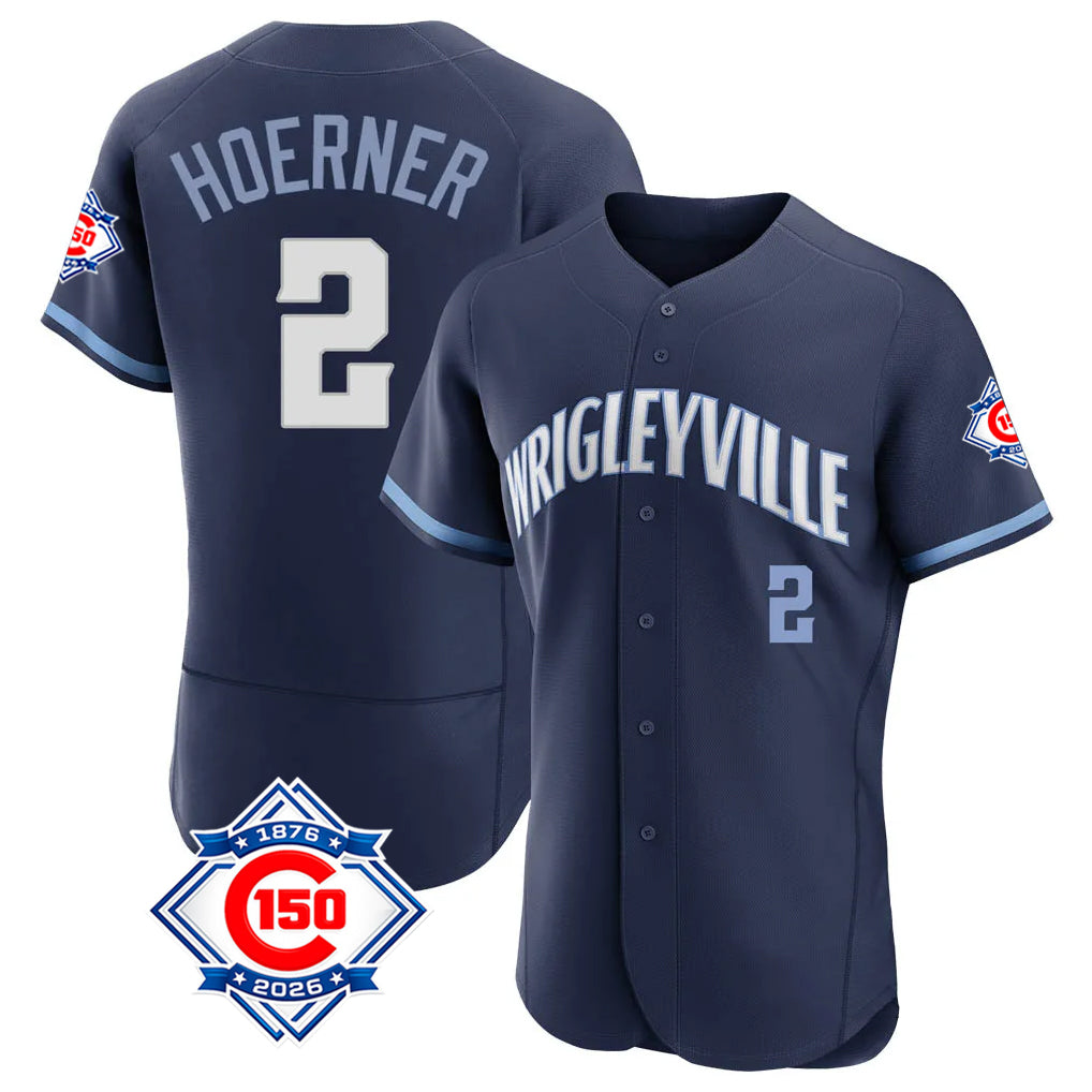 Elroe C.Cubs #2 Nico Hoerner Player Navy City Connect 150th Anniversary Limited Elite Home Stitched Jerseys