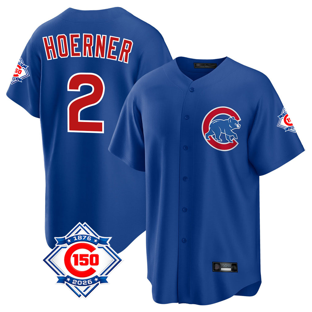 Elroe C.Cubs #2 Nico Hoerner Player Royal 150th Anniversary Home Game Stitched Jerseys
