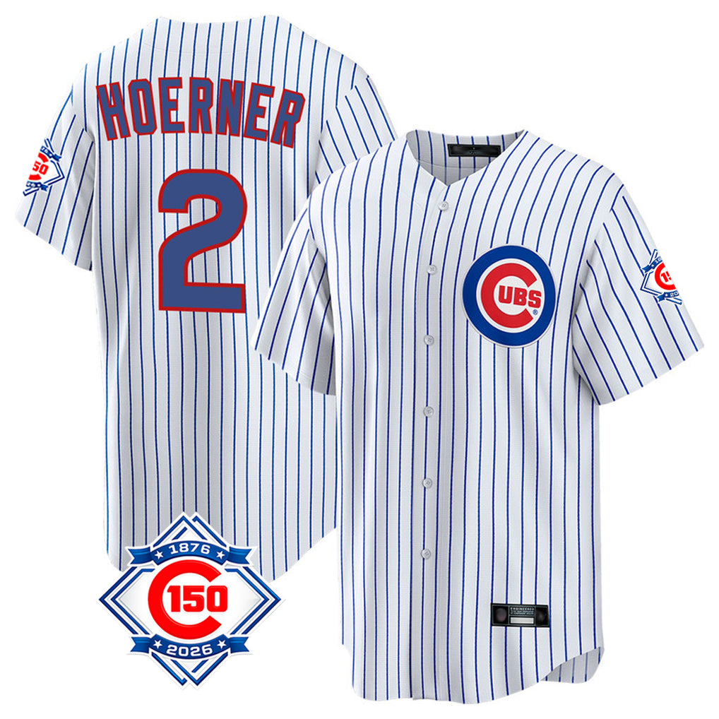 Elroe C.Cubs #2 Nico Hoerner Player White 150th Anniversary Home Game Stitched Jerseys