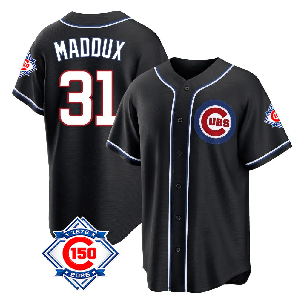 Elroe C.Cubs #31 Greg Maddux Player Black Fashion Out 150th Anniversary Game Stitched Jerseys