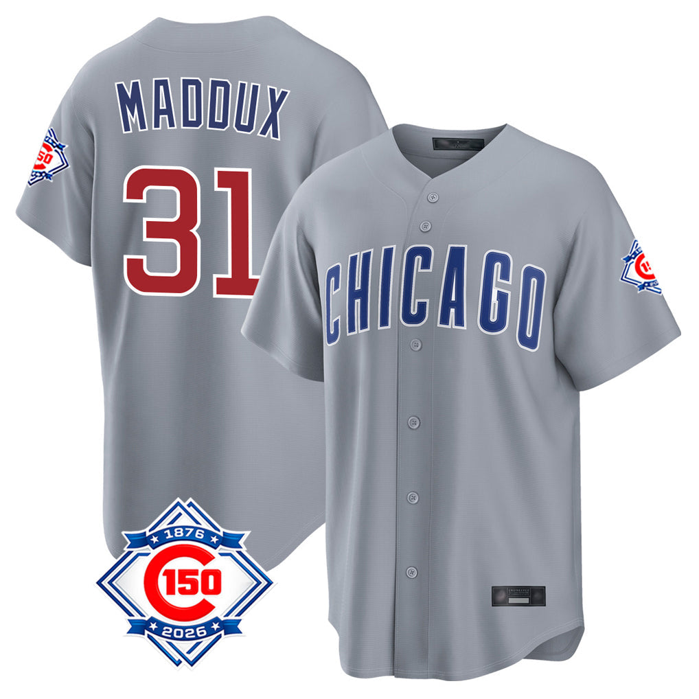 Elroe C.Cubs #31 Greg Maddux Player Gray 150th Anniversary Home Game Stitched Jerseys