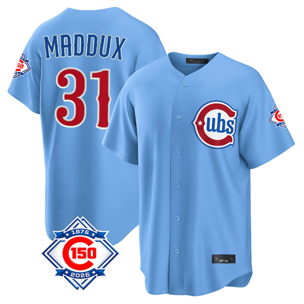 Elroe C.Cubs #31 Greg Maddux Player Light Blue 150th Anniversary Home Game Stitched Jerseys