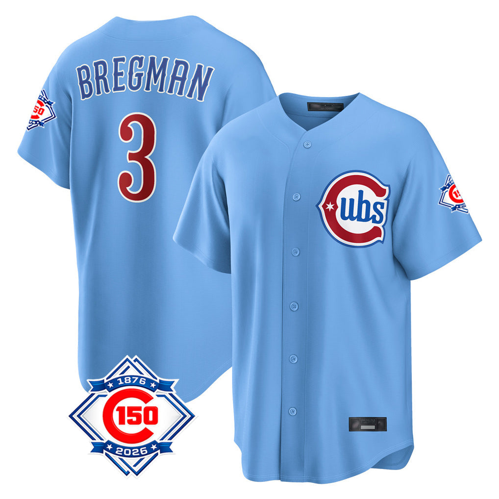 Elroe C.Cubs #3 Alex Bregman Light Blue 150th Anniversary Home Game Stitched Jerseys