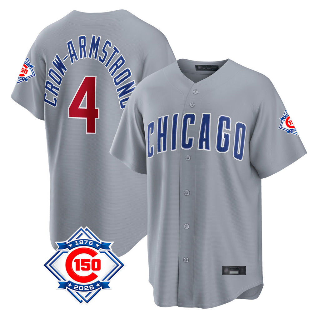 Elroe C.Cubs #4 Pete Crow-Armstrong Player Gray 150th Anniversary Home Game Stitched Jerseys